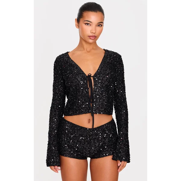 Black Textured Sequin Tie Top