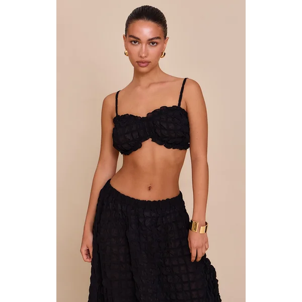Black Textured Shirred Bralette