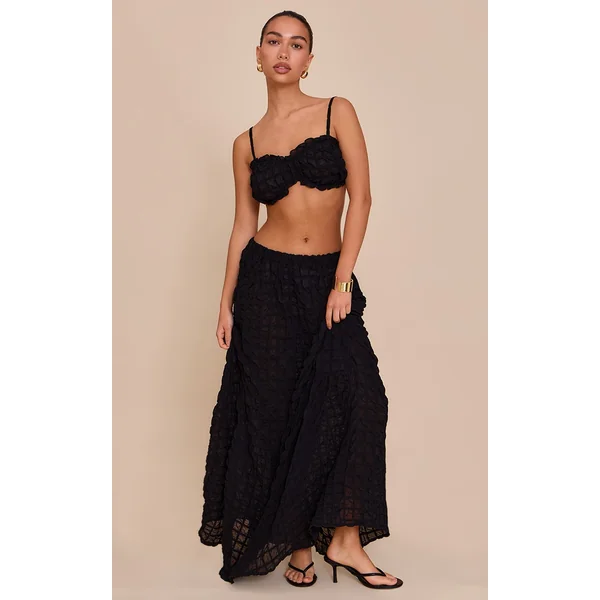 Black Textured Shirred Maxi Skirt