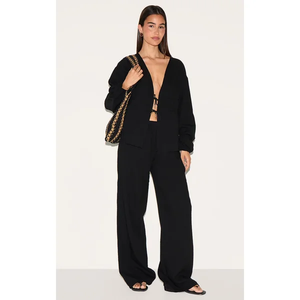 Black Textured Straight Leg Pants