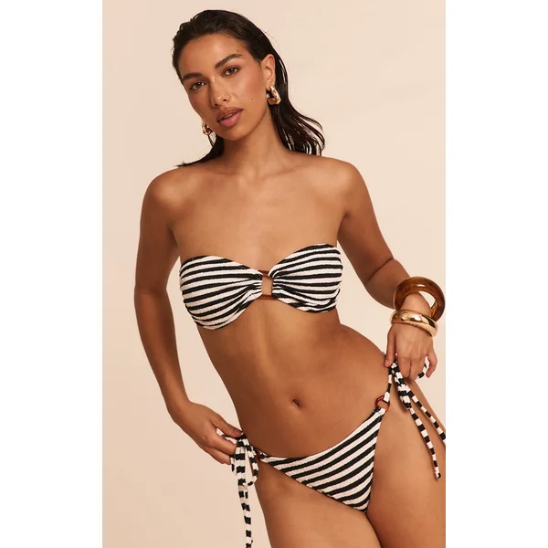 Black Textured Stripe Bandeau Bikini Top