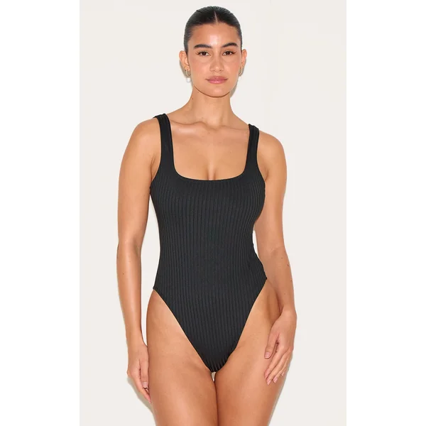 Black Textured Stripe Scoop Swimsuit