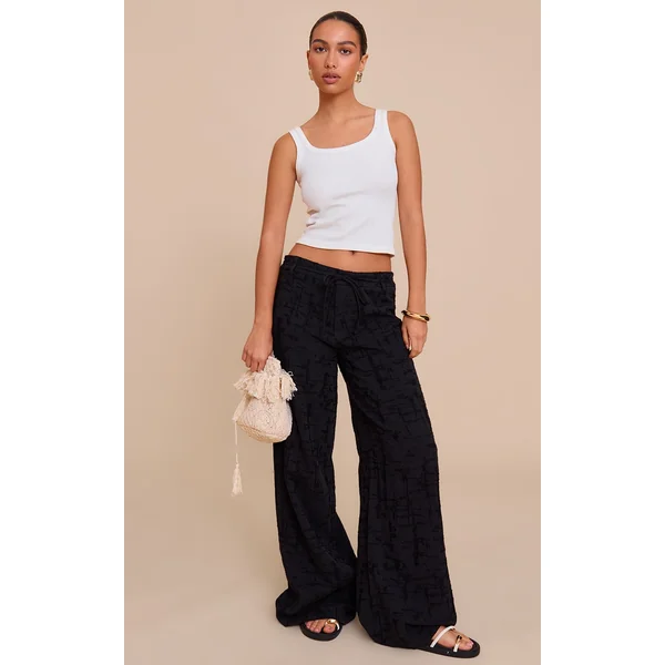 Black Textured Tie Detail Wide Leg Pants