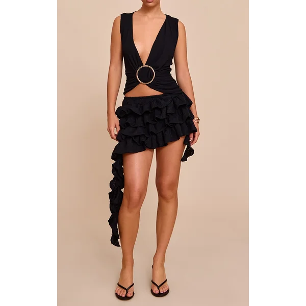 Black Textured Tiered Rara Mini Skirt