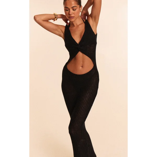 Black Textured Twist Front Cut Out Beach Dress