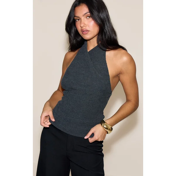 Black Textured Twisted Halter Neck Long Top
