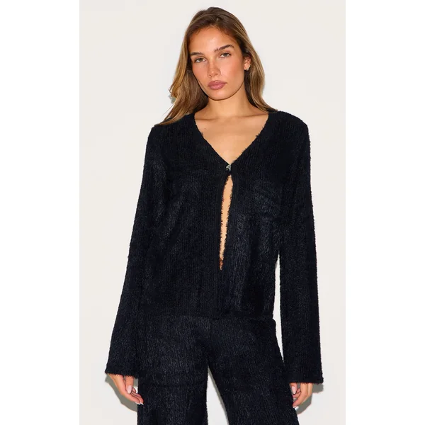 Black Textured V Neck Button Cardigan