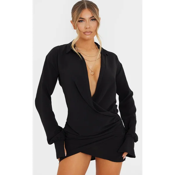 Black Textured Woven Extreme Plunge Bell Cuff Shirt Dress