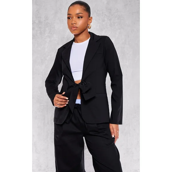 Black Tie Front Bow Textured Blazer