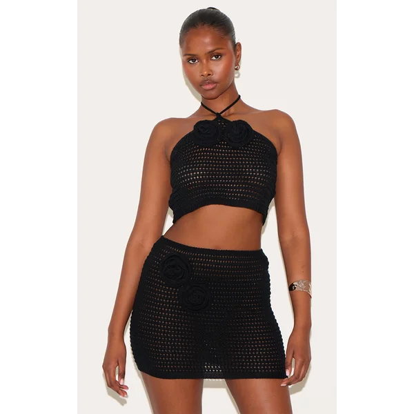 Black Tie Neck Flower Applique Top