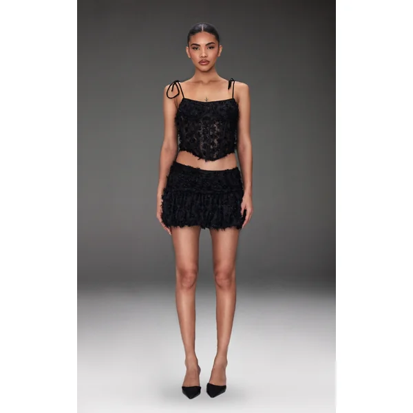 Black Tinsel Lace Puff Hem Skirt