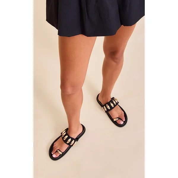 Black Toe Ring Gold Hardware Footbed Sandal