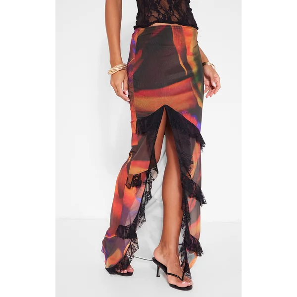 Black Tulip Print Lined Mesh Thigh Split Lace Trim Maxi Skirt