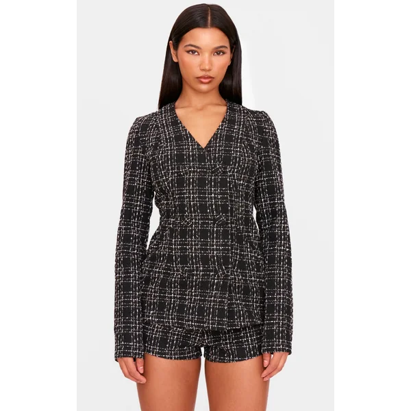 Black Tweed Long Sleeve Romper