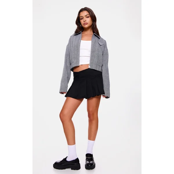 Black Twill Button Detail Box Pleated Mini Skater Skirt