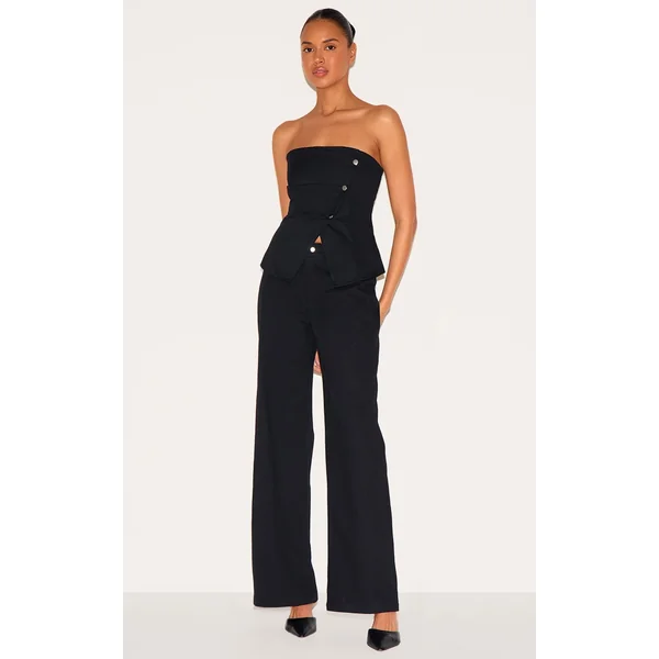 Black Twill Popper Detail Wide Leg Pants