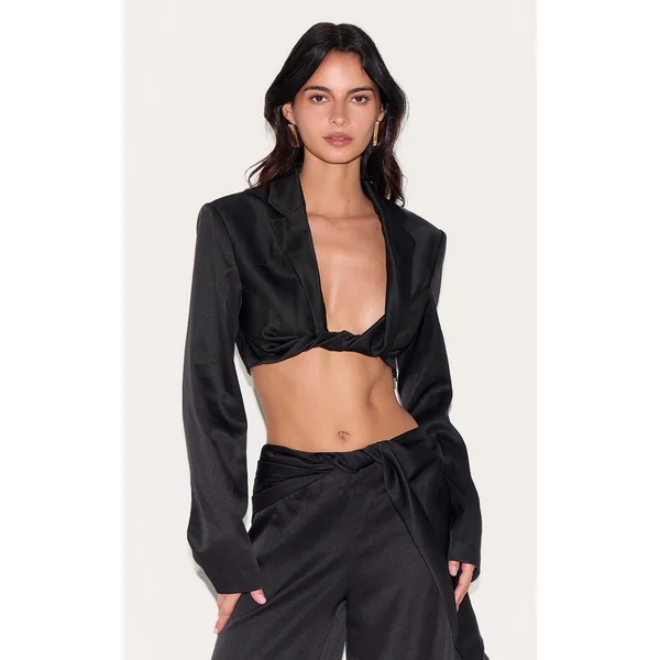 Black Twist Detail Long Sleeve Cropped Blazer