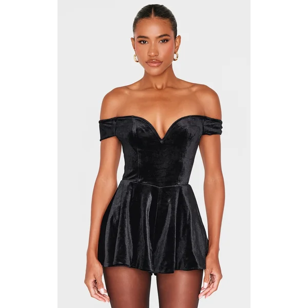 Black Velvet Bardot Sweetheart Neckline Floaty Romper
