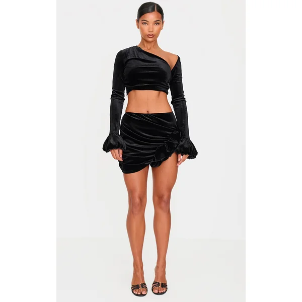 Black Velvet Corsage Detail Mini Skirt