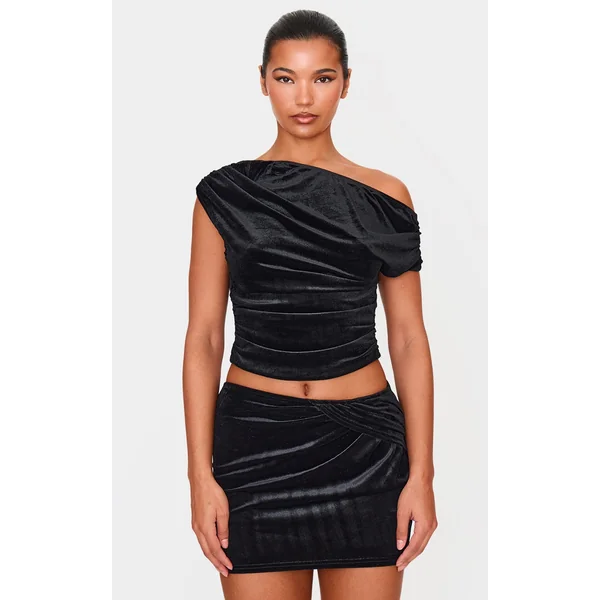 Black Velvet Ruched Detail Top