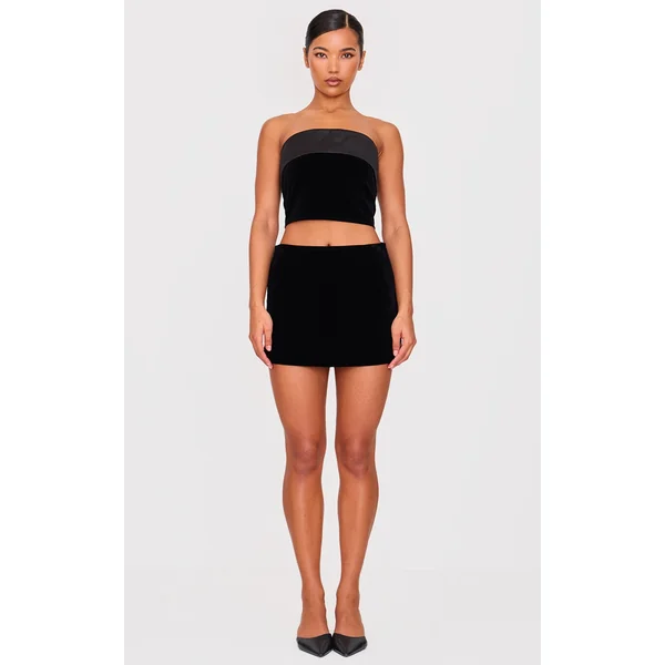 Black Velvet Satin Trim A Line Mini Skirt