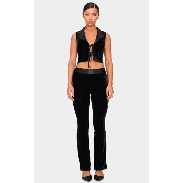 Black Velvet Satin Waistband Skinny Flare Pants