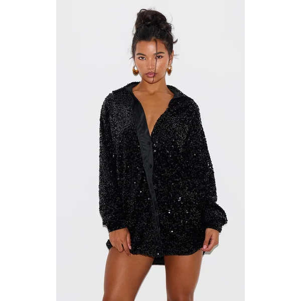 Black Velvet Sequin Oversized Shirt Dress