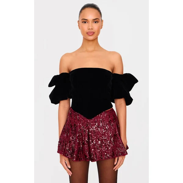 Black Velvet Square Neck Puff Sleeve Corset Top
