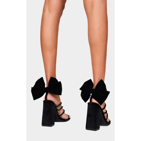 Black Velvet Square Toe Bow High Block Heeled Sandals