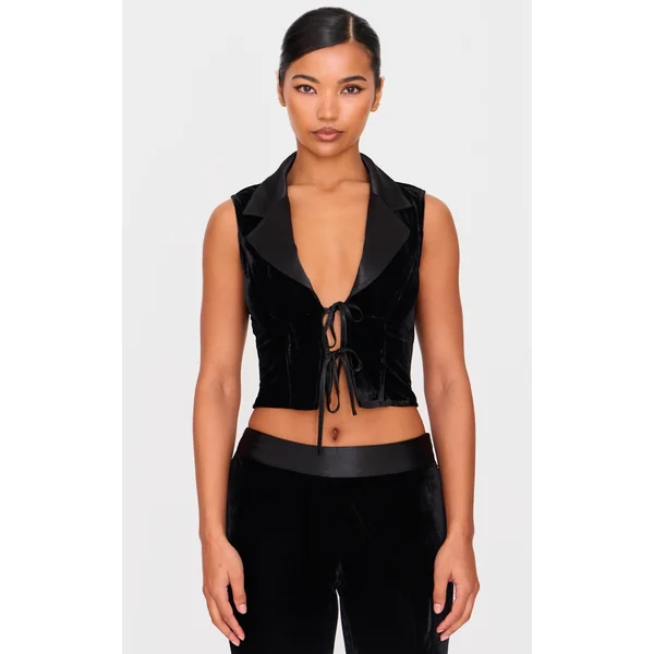 Black Velvet Tie Front Vest