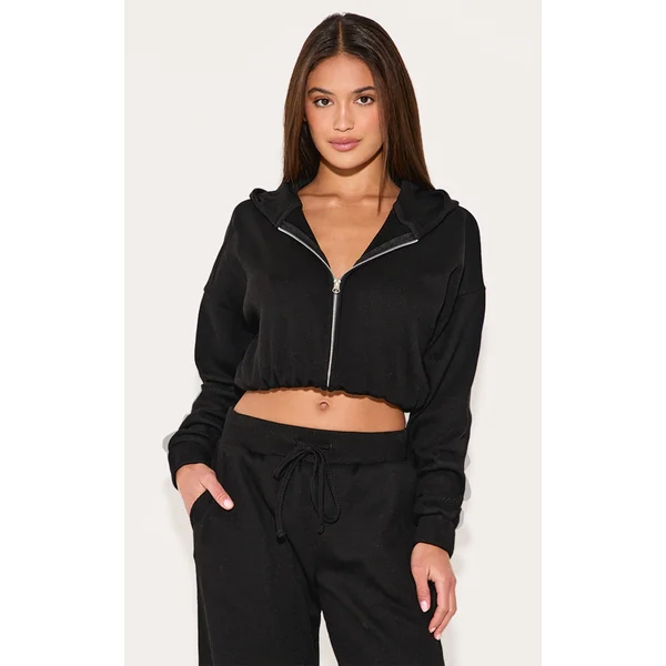 Black Waffle Detail Hooded Cropped Jacket