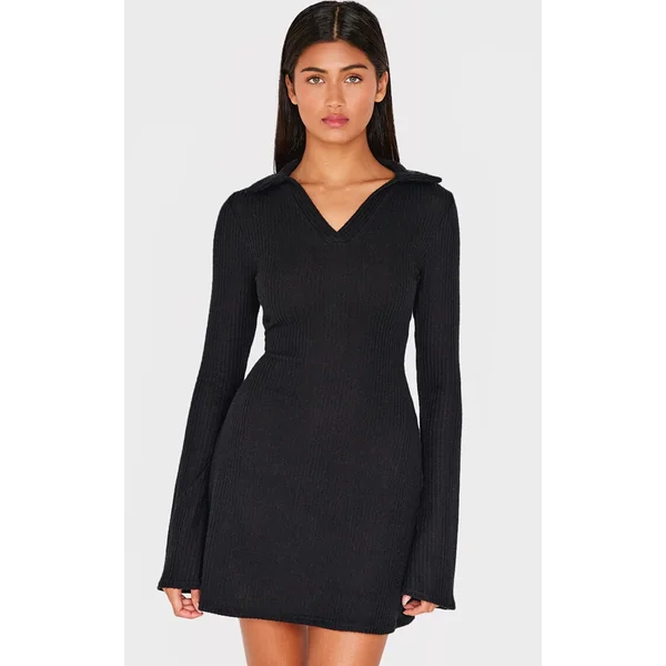 Black Waffle Textured Long Sleeve Shift Dress