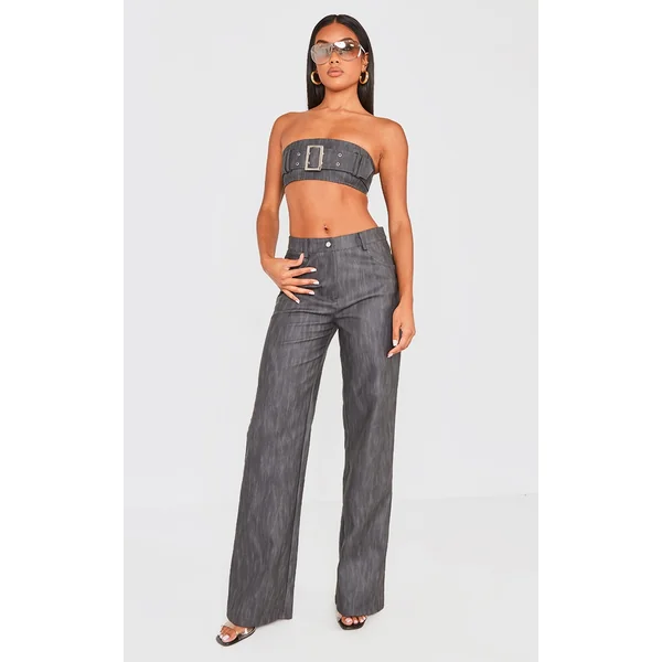 Black Washed Faux Leather Belted Straight Leg Pants