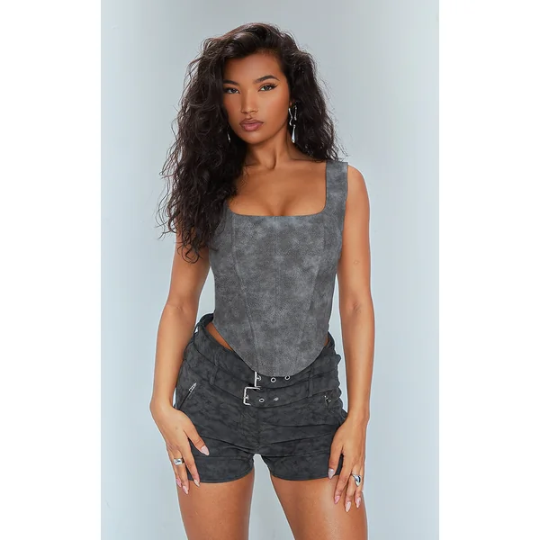 Black Washed Faux Leather Boned Corset