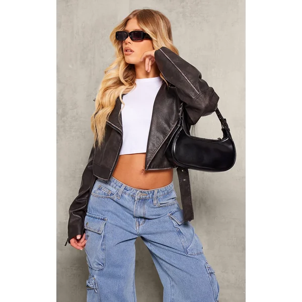 Black Washed PU Distressed Detail Cropped Biker Jacket