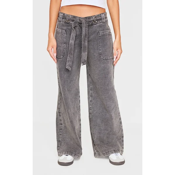 Black Washed Twill Tie Belt Detail Wide Leg Pants