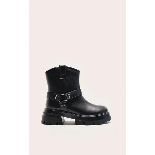 Black Wide Fit Cleated Sole Buckle Ring Detail Ankle Boots