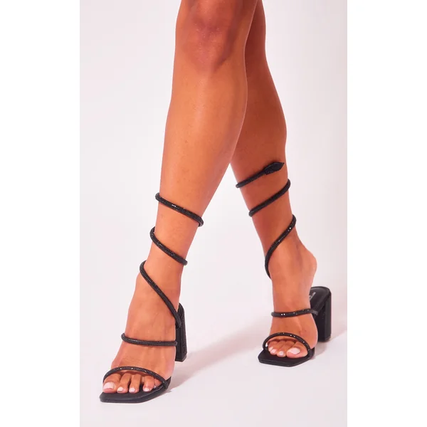 Black Wide Fit Diamante Spiral Detail Mid Block Heeled Sandals