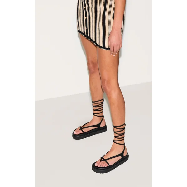 Black Wide Fit Faux Suede Round Toe Lace Up Footbed Sandals