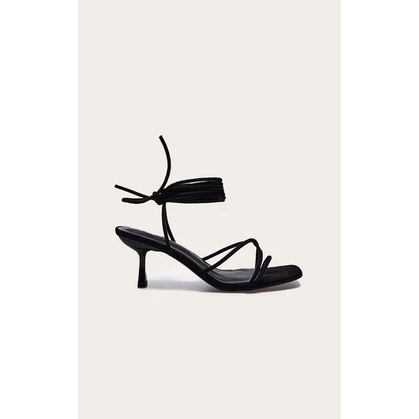 Black Wide Fit Faux Suede Strappy Lace Up Low Heel Sandals