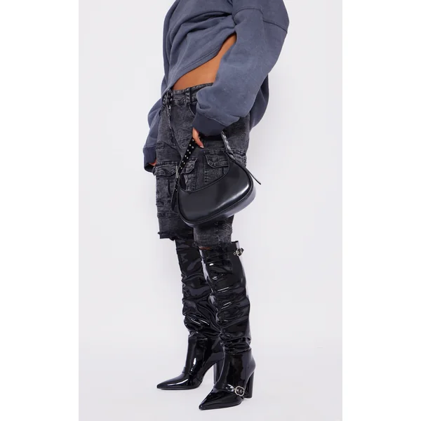 Black Wide Fit Patent Pu Point Toe Buckle Ruched Block Heel Knee Boots