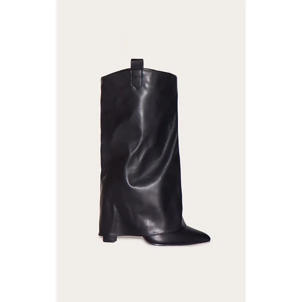 Black Wide Fit Pu Point Toe Fold Over High Heeled Calf High Boots