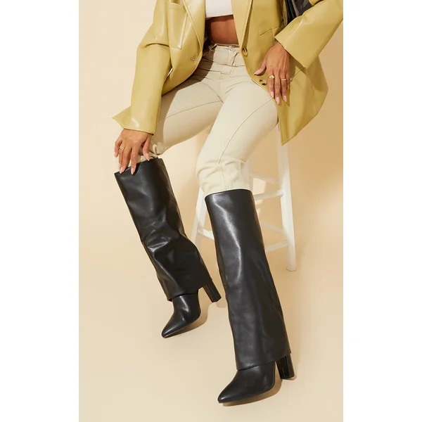 Black Wide Fit Pu Pointed Fold Over Block Heel Knee Boots