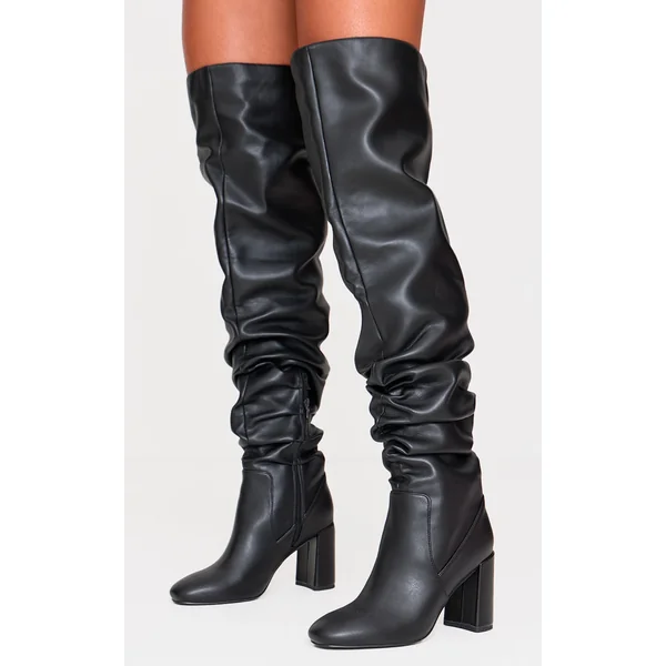 Black Wide Fit Pu Round Toe Ruched Over The Knee Block Heeled Boots