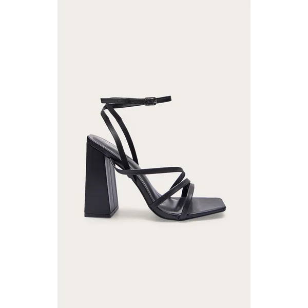 Black Wide Fit PU Square Toe Strappy High Block Heeled Sandals