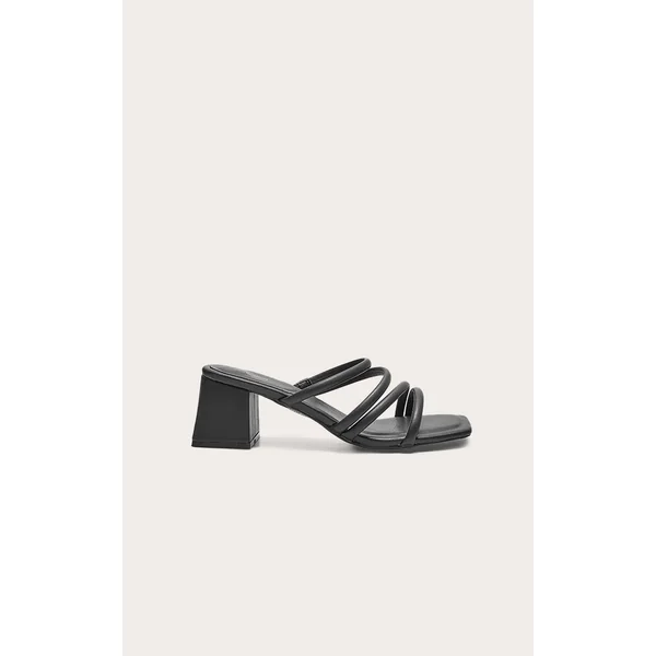 Black Wide Fit PU Square Toe Tube Strap Mid Block Heeled Sandals