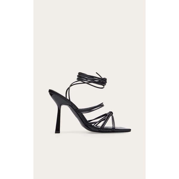 Black Wide Fit Strappy Knot Square Lace Up High Heeled Sandals
