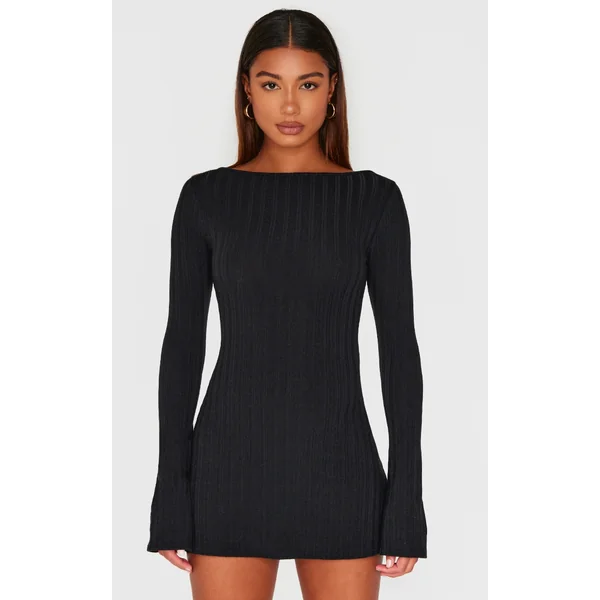 Black Wide Rib Flared Sleeve Shift Dress