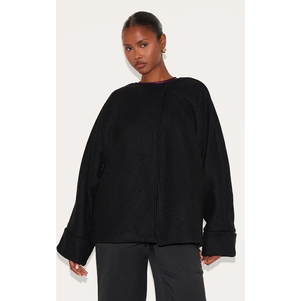Black Wool Look Batwing Jacket