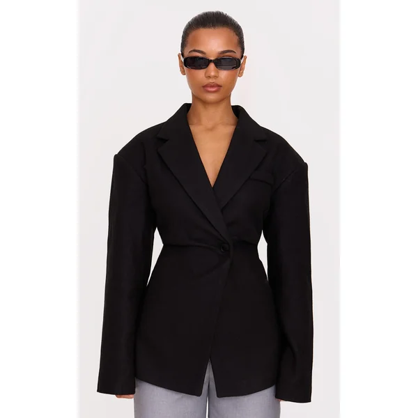Black Wool Look Cinched Blazer